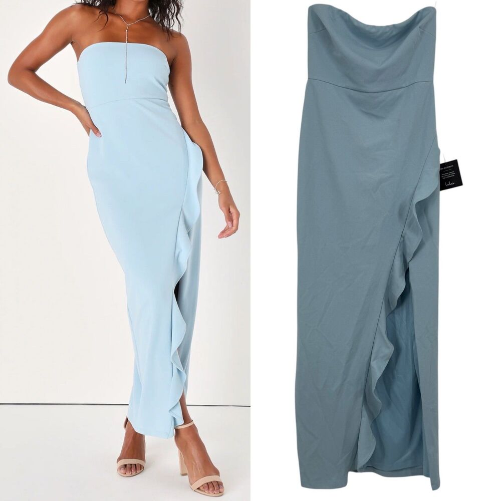 Lulus Womens After Hours Strapless Ruffled Maxi Dress Size S Baby Powder Blue